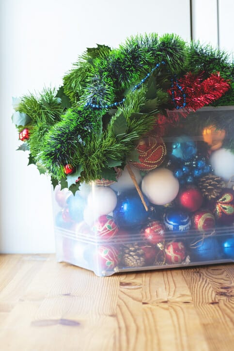 holiday decor in a clear container